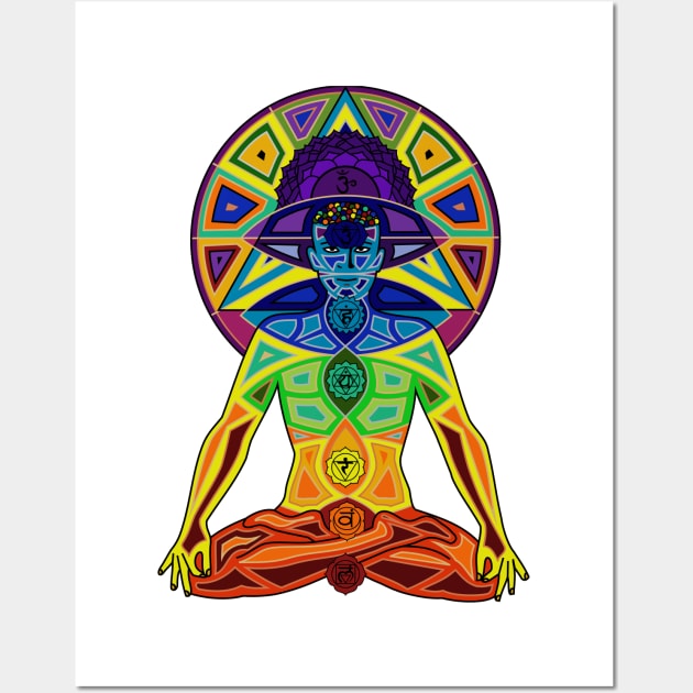 Man with Colored Chakras in Lotus Position Wall Art by MandalaSoul